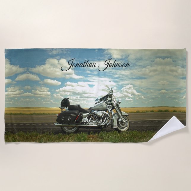 Black and Silver Motorcycle and Blue Sky Beach Towel (Front)