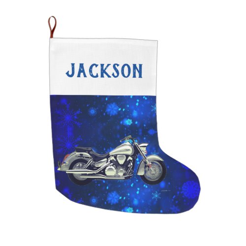 Black and Silver Motorcycle and Snow Large Christmas Stocking