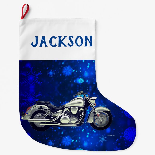 Black and Silver Motorcycle and Snow Large Christmas Stocking (Front)