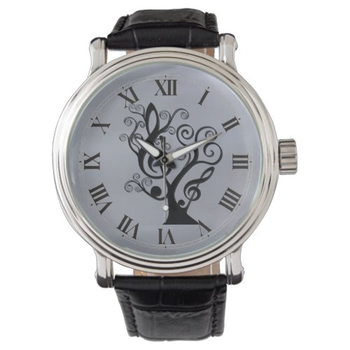 Black and Silver Music Treble Clef Tree Watch