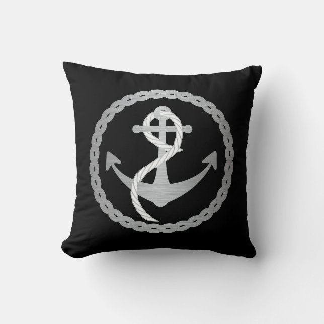 Black and Silver Nautical Anchor in Rope Circle Throw Pillow (Front)