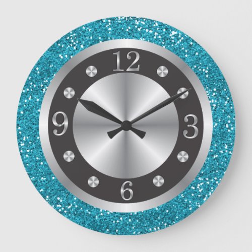 Black And Silver Numbers Turquoise Blue Glitter Large Clock