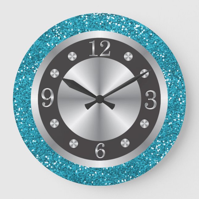 Black And Silver Numbers Turquoise Blue Glitter Large Clock (Front)