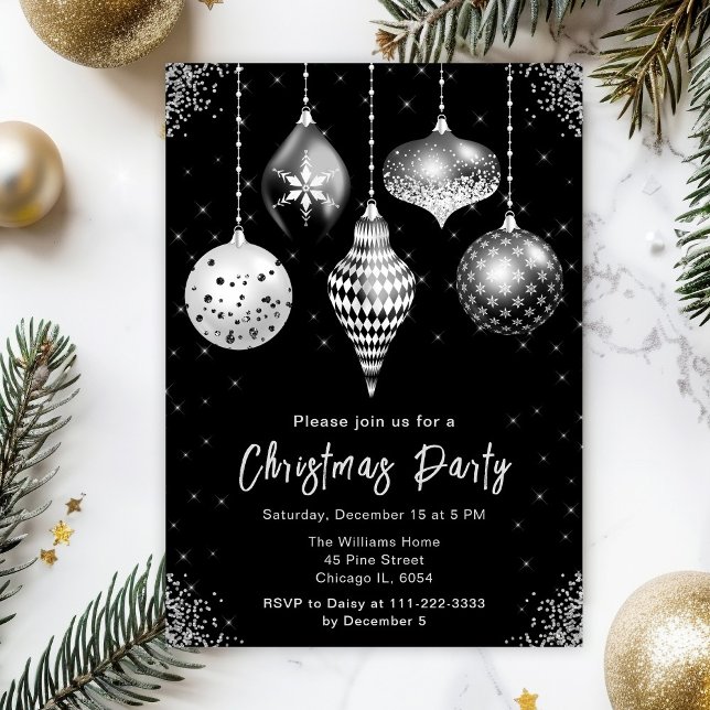 Black and Silver Ornaments Christmas Party Invitation (Creator Uploaded)