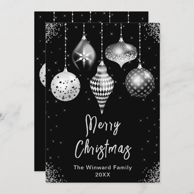 Black and Silver Ornaments Merry Christmas Holiday Card (Front/Back)