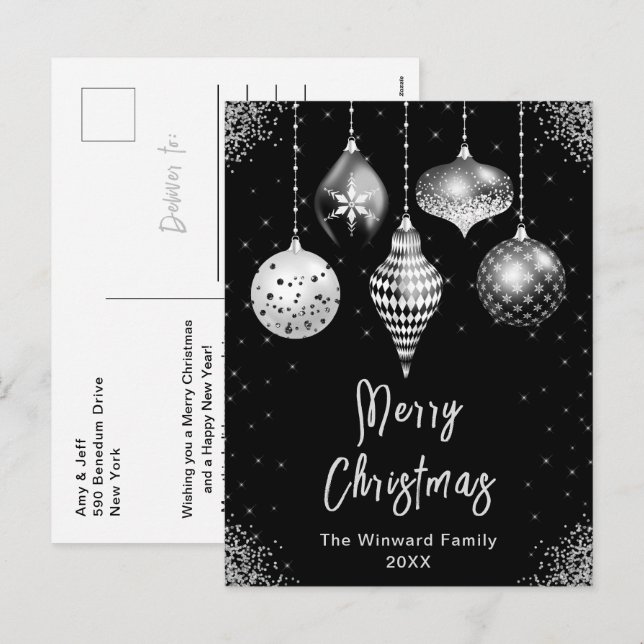 Black and Silver Ornaments Merry Christmas Holiday Postcard (Front/Back)