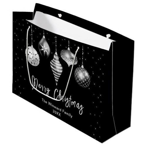 Black and Silver Ornaments Merry Christmas Large Gift Bag