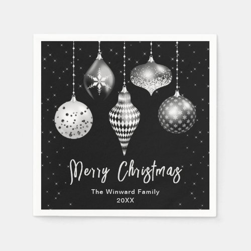 Black and Silver Ornaments Merry Christmas Napkins