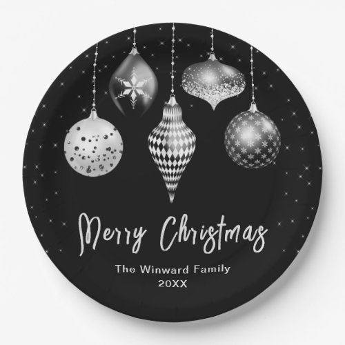 Black and Silver Ornaments Merry Christmas Paper Plates