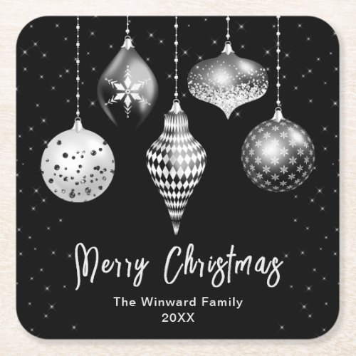 Black and Silver Ornaments Merry Christmas Square Paper Coaster