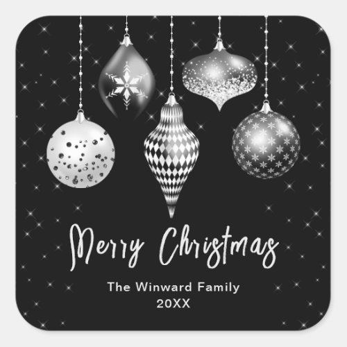 Black and Silver Ornaments Merry Christmas Square Sticker