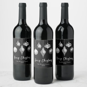 Black and Silver Ornaments Merry Christmas Wine Label