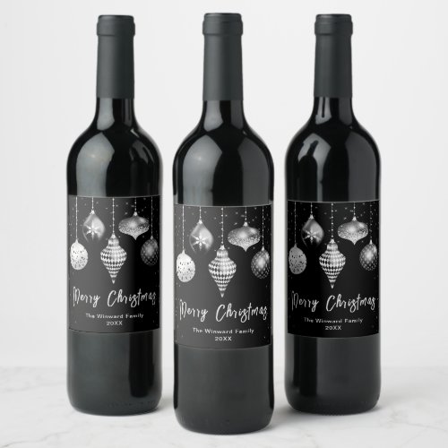 Black and Silver Ornaments Merry Christmas Wine Label