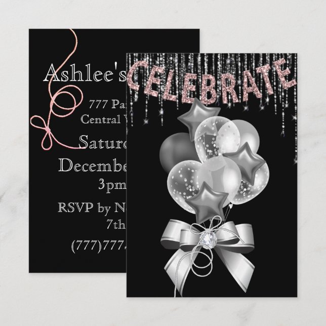 Black and Silver pink with Balloons girl Party Invitation (Front/Back)