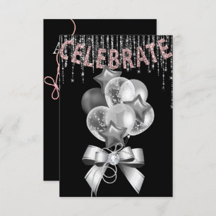 Black and Silver pink with Balloons girl Party Invitation