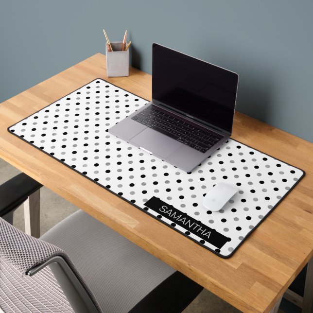 Black and Silver Polka Dots in a White Background Desk Mat (Office 2)