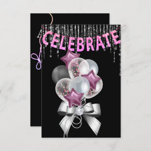 Black and Silver purple with Balloons girl Party Invitation