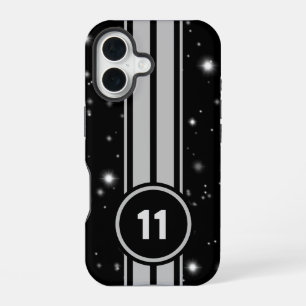 Black and Silver Racing Stripes Starlight iPhone 16 Case
