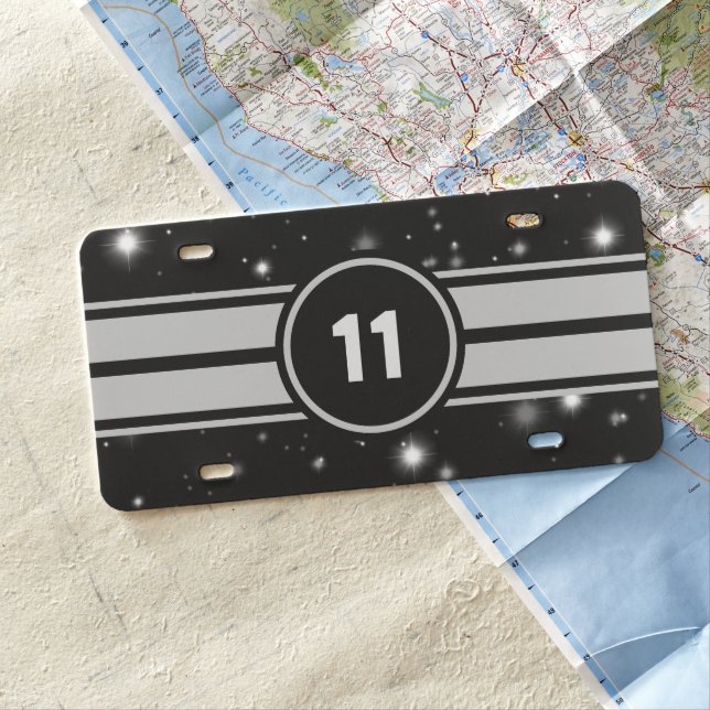 Black and Silver Racing Stripes Starlight License Plate (In Situ)