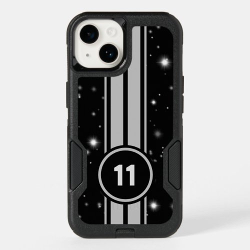 Black and Silver Racing Stripes Starlight OtterBox iPhone 14 Case