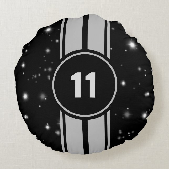 Black and Silver Racing Stripes Starlight Round Pillow (Back)