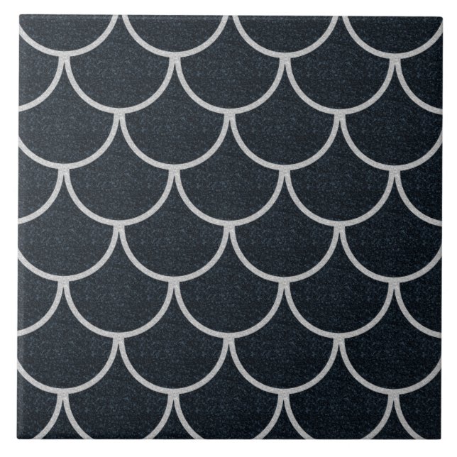 Black and Silver Scalloped Scale Pattern Ceramic Tile (Front)