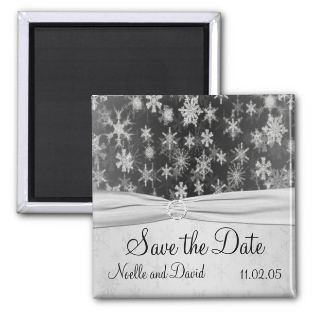 Black and Silver Snowflakes Save the Date Magnet (Front)