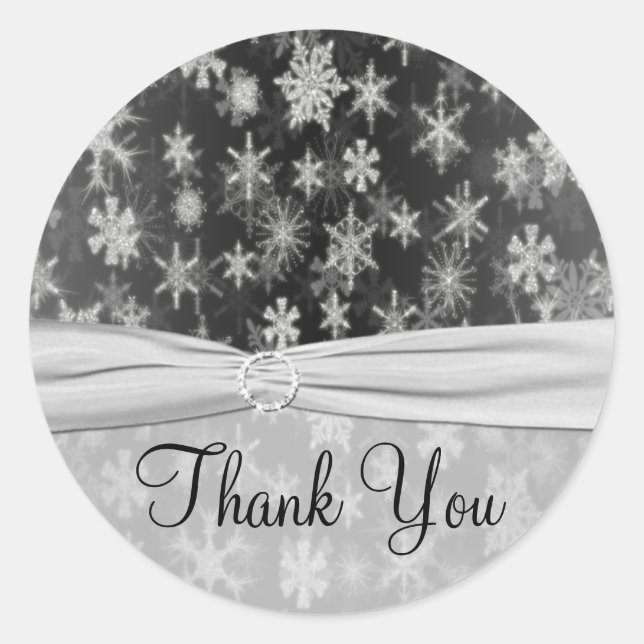 Black and Silver Snowflakes Thank You Sticker (Front)