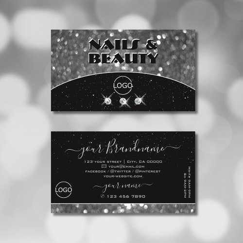 Black and Silver Sparkle Glitter Diamonds Add Logo Business Card