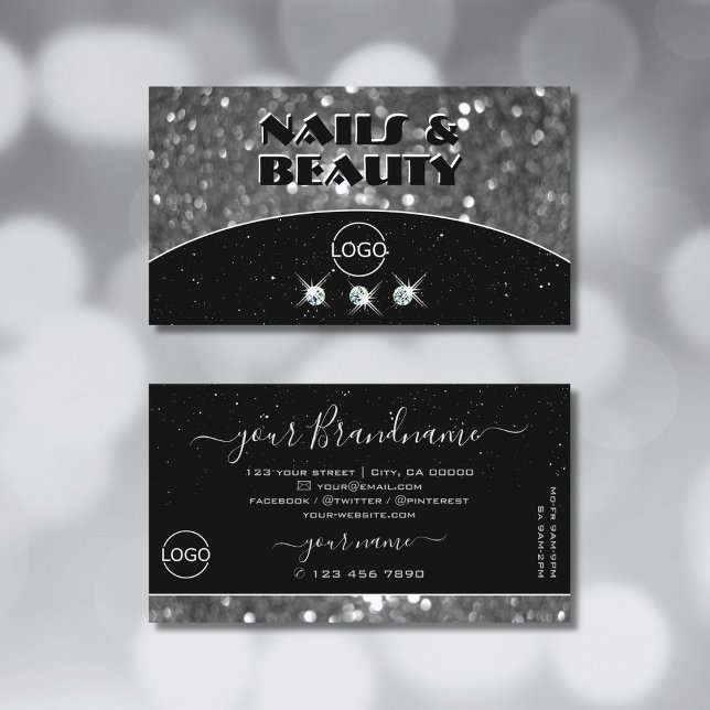 Black and Silver Sparkle Glitter Diamonds Add Logo Business Card (Creator Uploaded)
