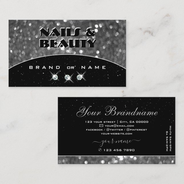 Black and Silver Sparkle Glitter Shimmery Diamonds Business Card (Front/Back)