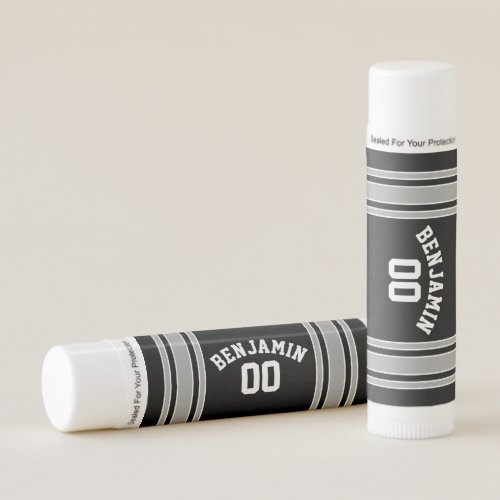Black and Silver Sports Jersey Custom Name Number Lip Balm