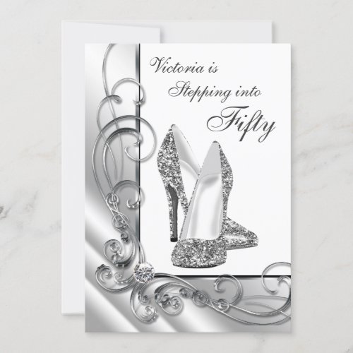 Black and Silver Stepping Into 50 Birthday Party Invitation