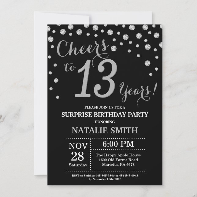 Black and Silver Surprise 13th Birthday Diamond Invitation (Front)