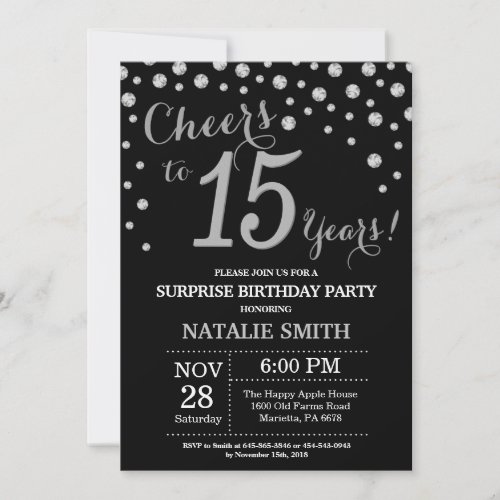 Black and Silver Surprise 15th Birthday Diamond Invitation