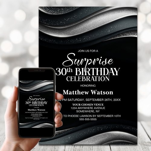 Black and Silver Surprise 30th Birthday Party