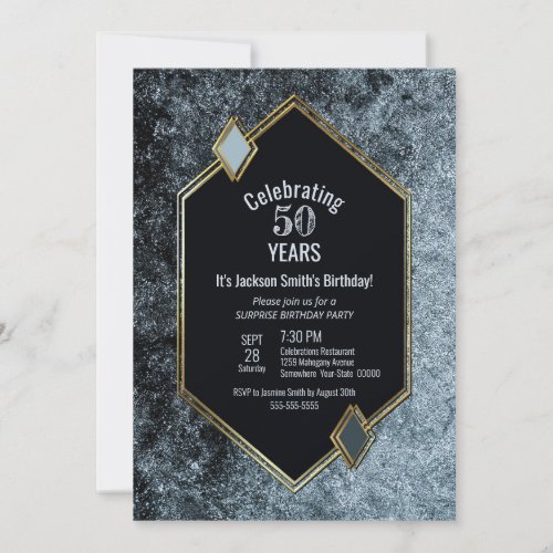 Black and Silver Surprise 50th Birthday Party Invitation