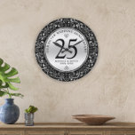 Black And Silver Swirls Circle Frame 25th Wedding Large Clock<br><div class="desc">Black and luxury shiny silver swirly circle 25th wedding anniversary wall clock design. Silver wedding anniversary. Custom black typography.</div>