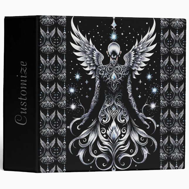 Black And Silver Tattoo Angel 3 Ring Binder (Front/Spine)
