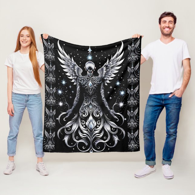 Black And Silver Tattoo Angel Fleece Blanket (In Situ)