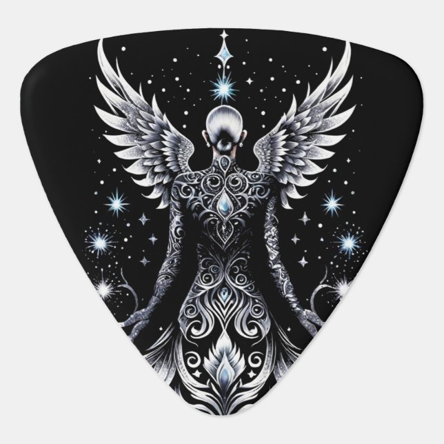 Black And Silver Tattoo Angel Guitar Pick (Front)
