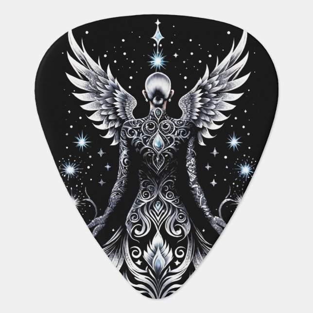 Black And Silver Tattoo Angel Guitar Pick (Front)
