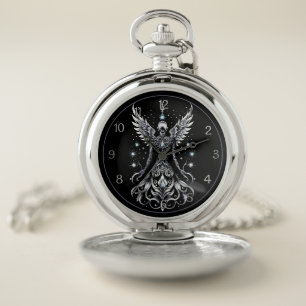 Black And Silver Tattoo Angel Pocket Watch