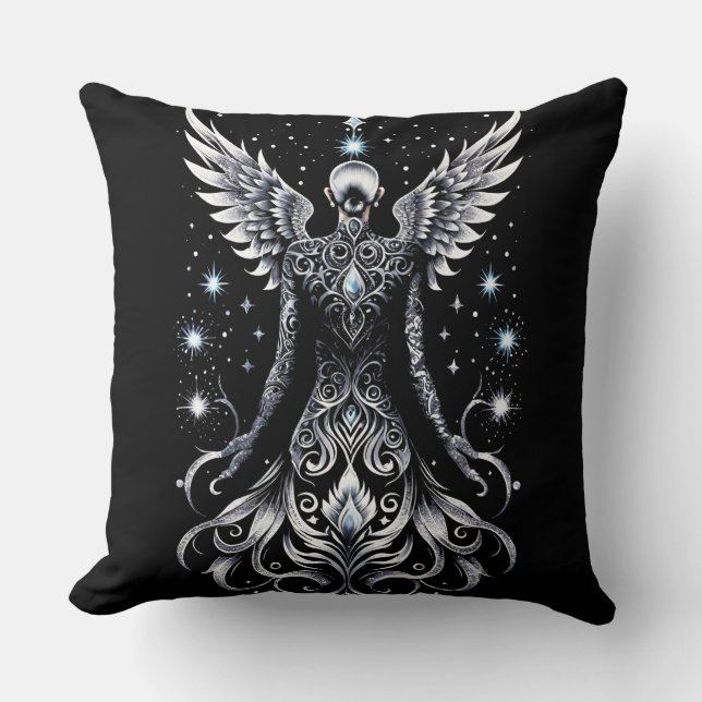 Black And Silver Tattoo Angel Throw Pillow (Front)