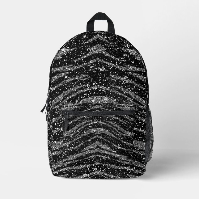 Black and Silver Tiger Print (glitter look) Printed Backpack (Front)