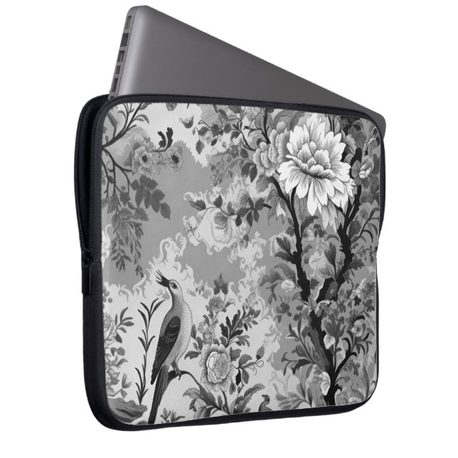 Black and Silver Toile de Fleur Laptop Sleeve (Front Right)