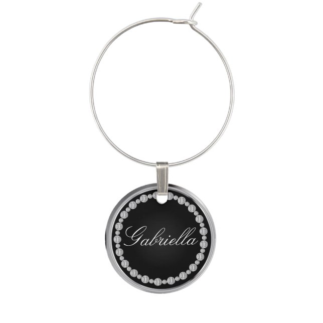 Black and Silver Trim with Diamonds | Personalize Wine Glass Charm (Front)