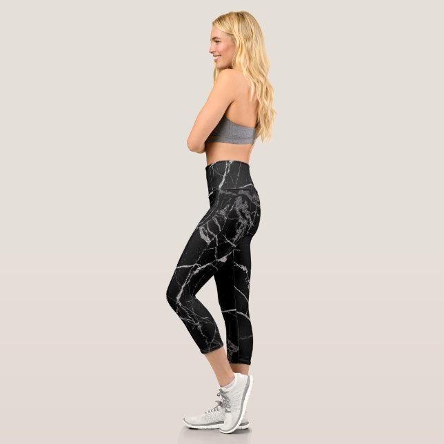 Black and Silver Vein Marble Capri Leggings (Left)