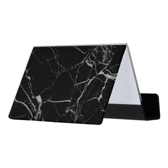 Black and Silver Vein Marble Desk Business Card Holder (Angled Back)