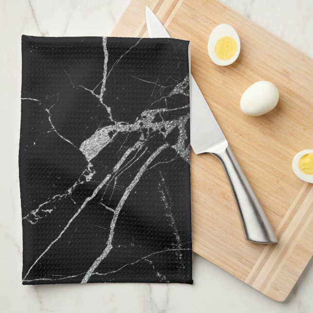 Black and Silver Vein Marble Kitchen Towel (Quarter Fold)